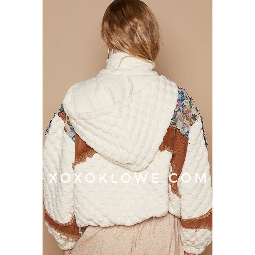 POL Cream Quilted Zip Up Jacket with Floral Jacquard & Corduroy Contrast - Picture 6 of 9